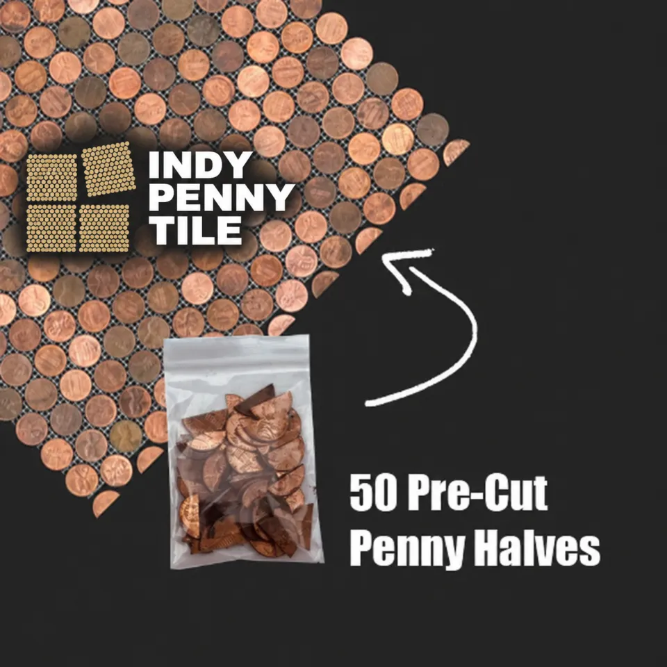 Original mixed penny halves product photograph showing darker aged copper and brighter copper pieces in a bag beside a finished tile edge