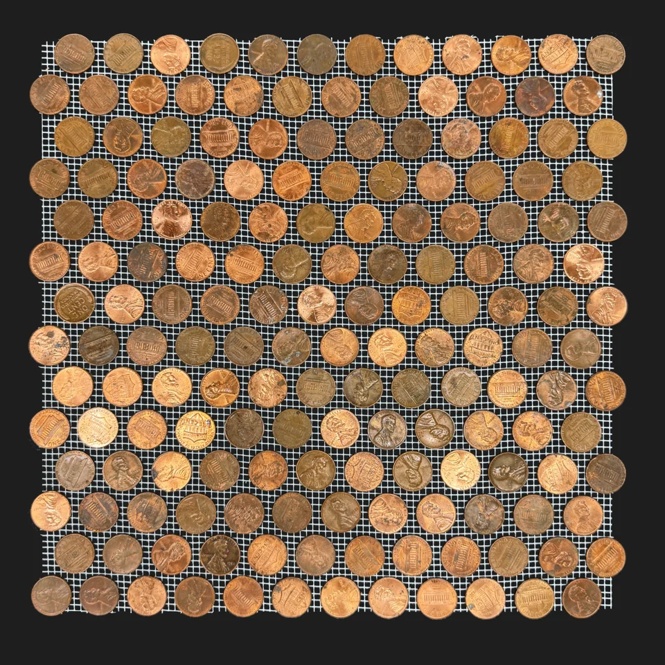 An original product photograph of a mesh backed penny tile with mixed copper and dark brown coins